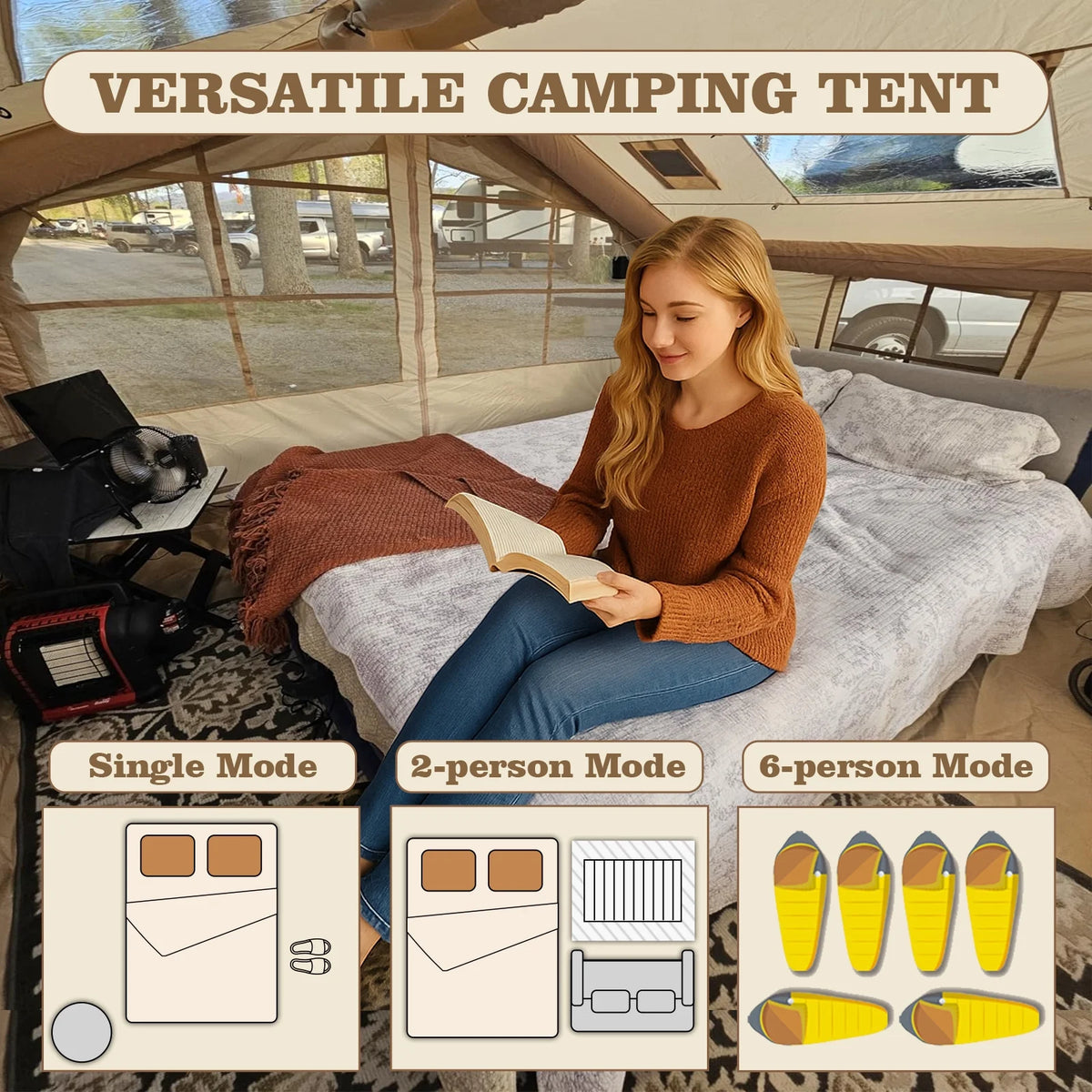 9.8' x 7' Inflatable Camping Tent,4 Season Blow up Tents for Camping, 4-6 Person Inflatable Tent with Stove Jack,Air Tents,Glamping Tent,Waterproof Luxury House with Mesh Window