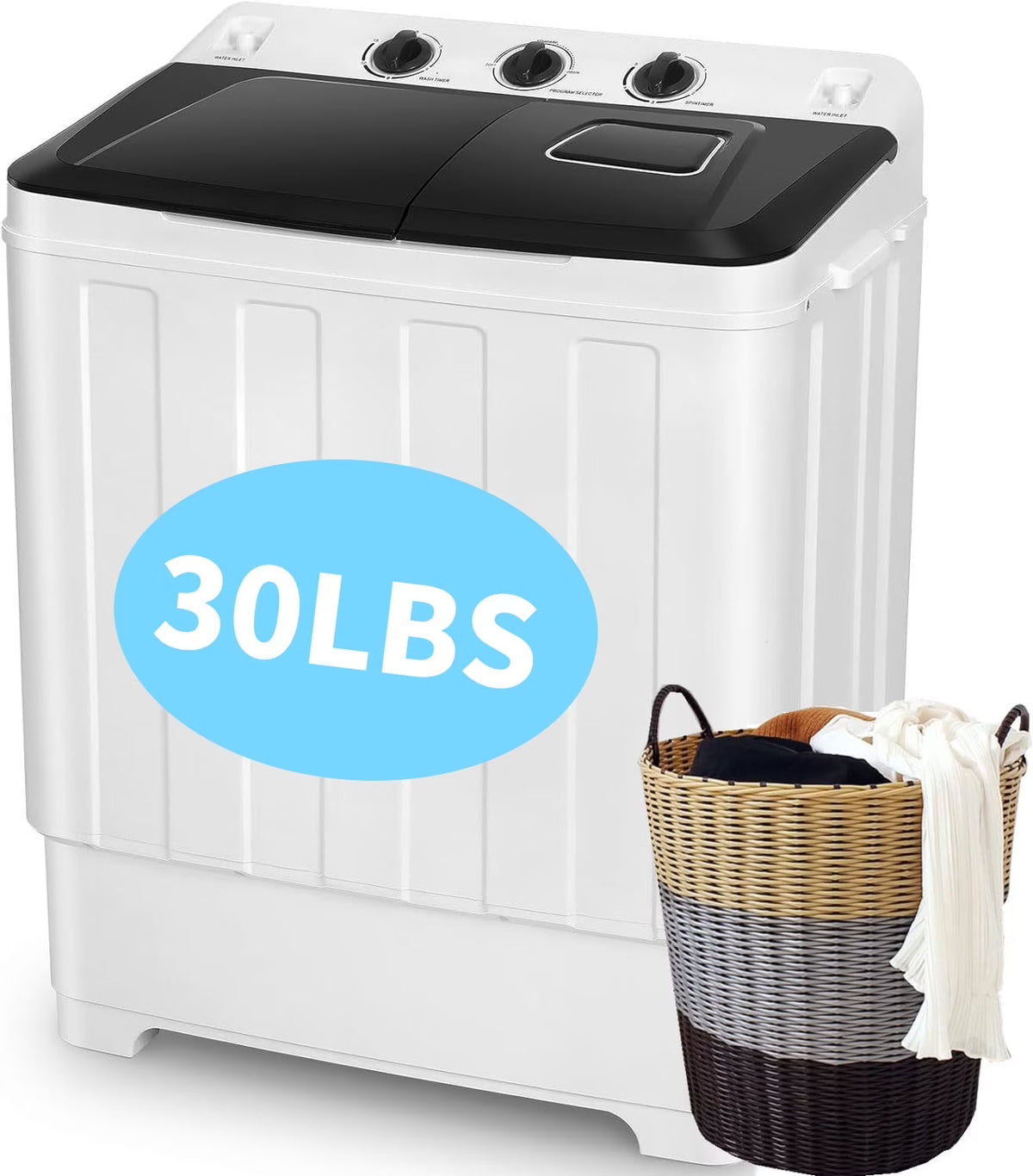 Veeboto Portable Washing Machine, 30LBS Twin Tub Mini Compact Laundry 19lbs Washer/11lbs Spinner with Drain Pump & Time Control Washer Spinner Combo, White