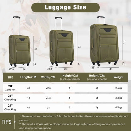 Softside Luggage Expandable 3 Piece Set Suitcase Upright Spinner Softshell Lightweight Luggage Travel Set