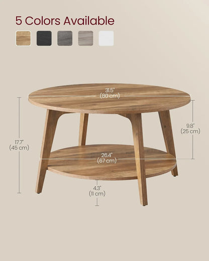 VASAGLE Round Coffee Table, 2 Tier Coffee Table with Storage, for Living Room, 31.5 x 17.7 Inches, Easy to Assemble, Honey Brown