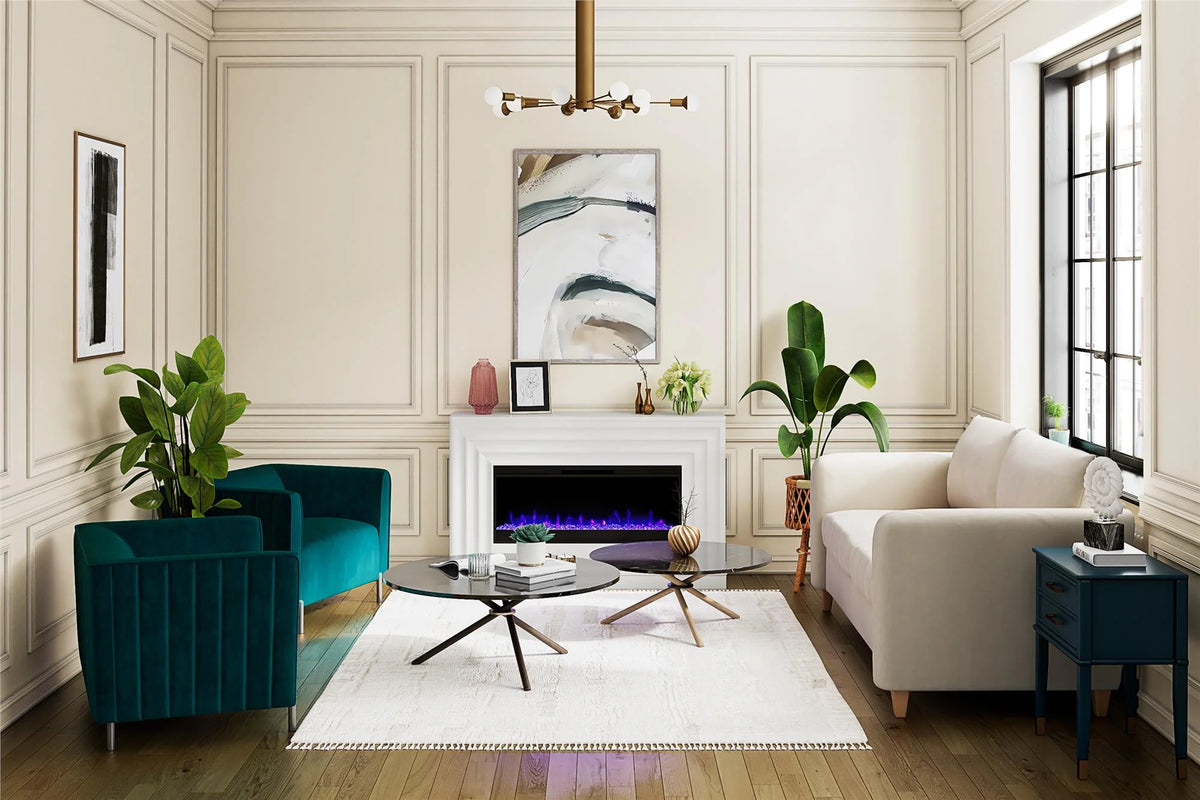 CosmoLiving by Cosmopolitan Rene Electric Fireplace Mantel 65" TV Stand with Multi-Color Flame and Crystal Ember Bed, Black