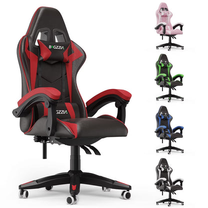 Bigzzia Gaming Chair Office Chair, Ergonomic Game Chair with Height Adjustable Headrest and Lumbar Support for Adults Teens, Black & White