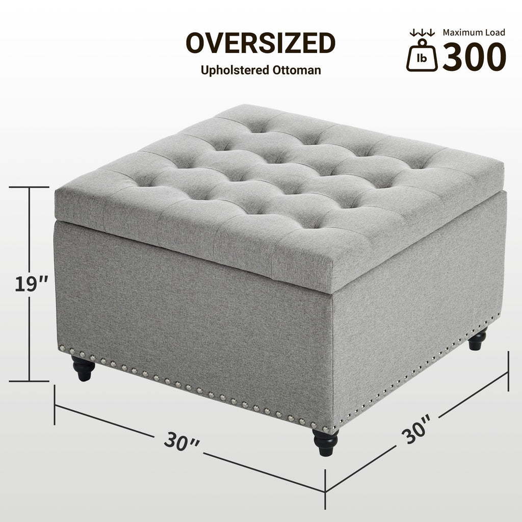 Gericco Large Square Storage Ottoman Bench, Tufted Upholstered Coffee Table Ottoman with Storage, Oversized Storage Ottomans (Gray)