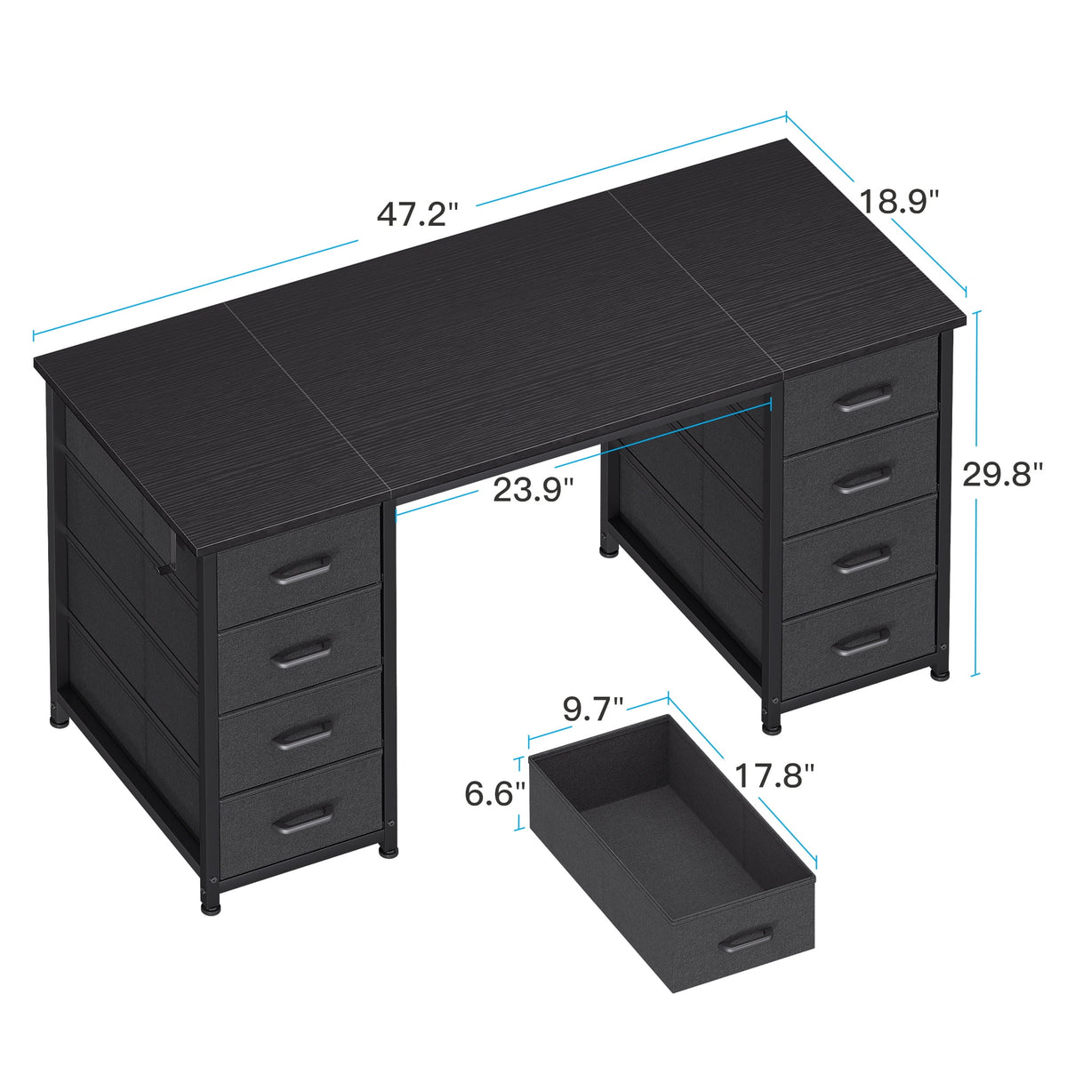 White Computer Desk with Drawers for Storage - 48 inch Home Office Desk with 8 Fabric Drawers, Writing Study Desk with Drawers on Both Sides for Bedroom