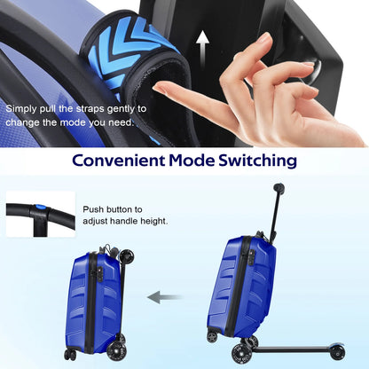 Advwin Scooter Suitcase for Kids & Adults, 3-D Hardshell Ride On Scooter Luggage with LED Light Up Wheels, TSA Lock, Lightweight Foldable Carry On Rideable Suitcase for Children Teenagers, Silver