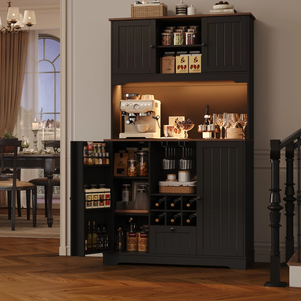 Homfa 71.3'' Kitchen Pantry Storage Cabinet with Charging Station, LED Light Kitchen Hutch Cabinet with Doors and Shelves and Wine Holder, White
