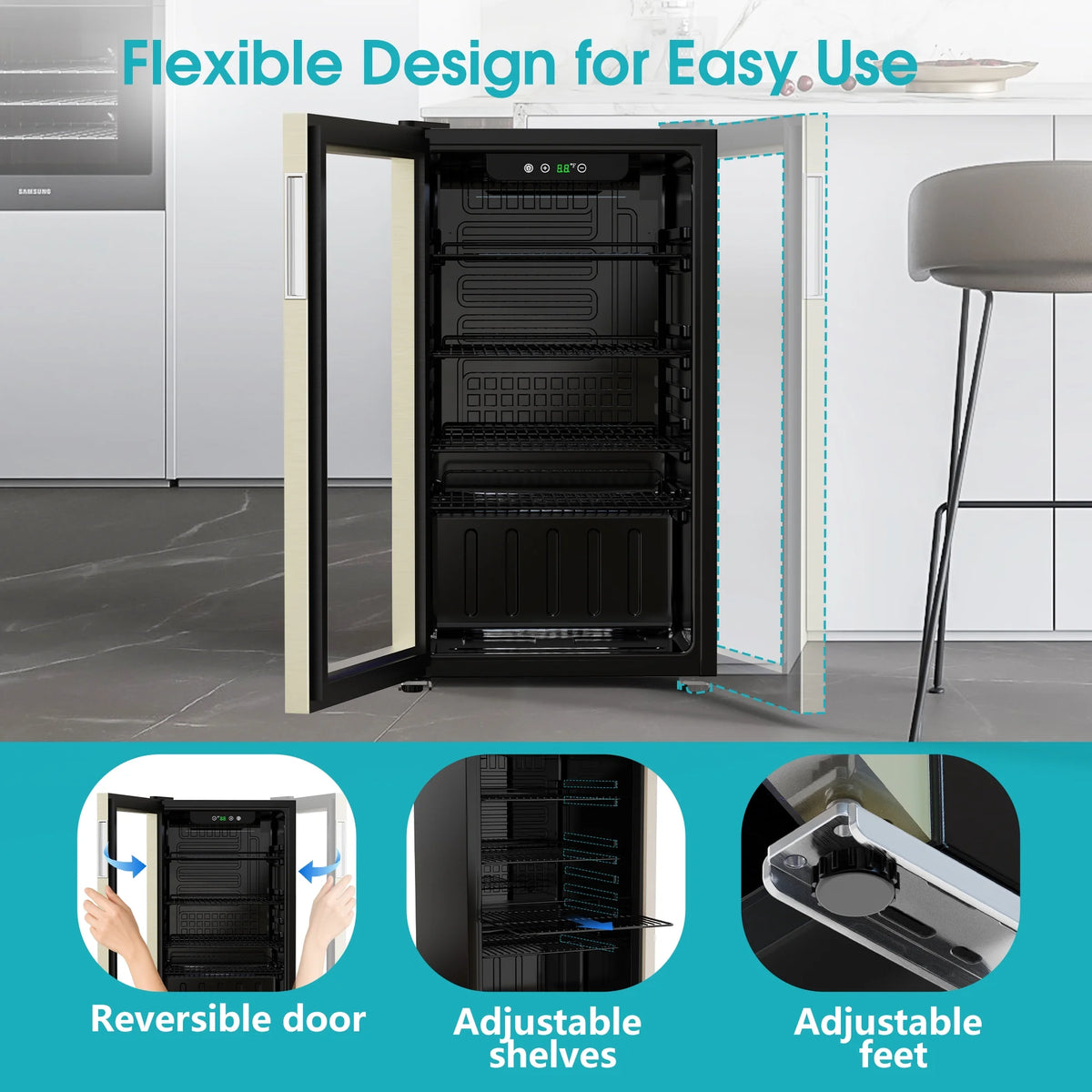 Qunler 130 Can Beverage Cooler Refrigerator with Glass Door for Beer Soda Water, Drink Fridge for Home Bar, Silver