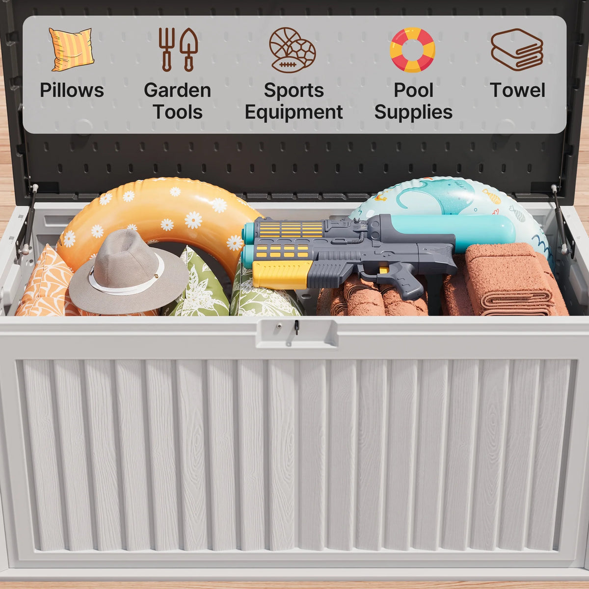100 Gallon Resin Deck Box, Asofer Lockable Patio Outdoor Storage Box, Garden Tools Storage, Beige/Brown
