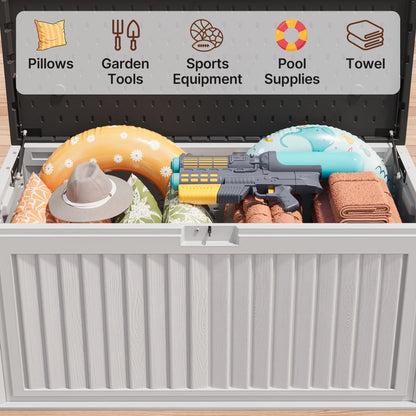 100 Gallon Resin Deck Box, Asofer Lockable Patio Outdoor Storage Box, Garden Tools Storage, Beige/Brown