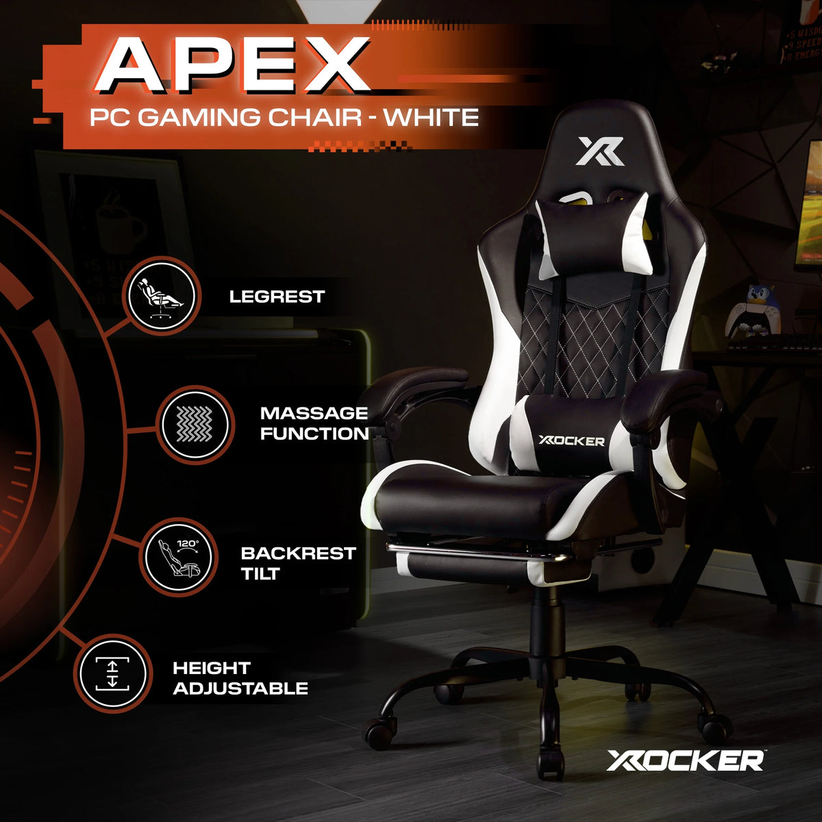 X Rocker Apex PC Gaming Chair with Massage Function and Footrest, Red