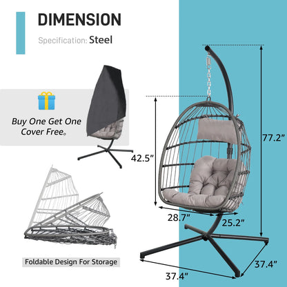 Indoor Outdoor Swing Egg Chair with Stand, Patio Foldable Grey Wicker Rattan Hanging Chair with Cushion, Light Gray