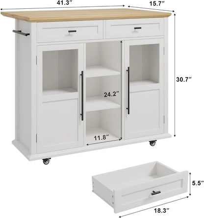 WALYWIK Foldable Kitchen Island Cart with Wheels, 2 Glass Doors, Spice Rack & Towel Holder �C Compact Mobile Storage Cart for Small Kitchens, Dining Rooms, Camping & RVs - Grey