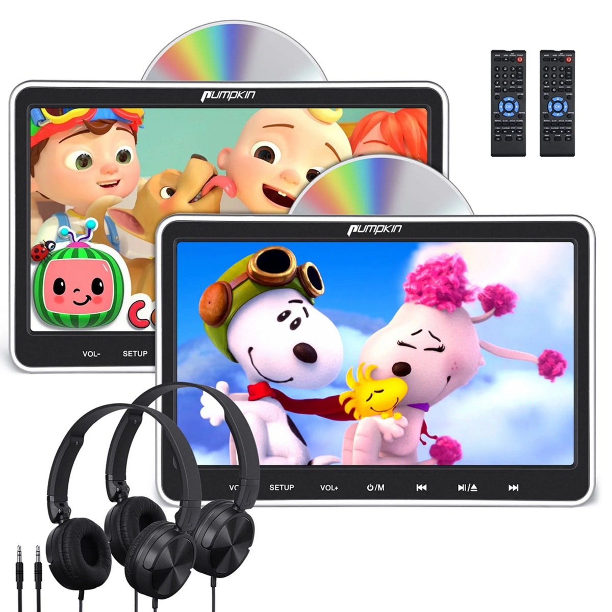 Pumpkin 10.1” Dual Headrest DVD Players for Car with Headphones, 2 Mount Brackets HDMI Input Region Free Last Memory