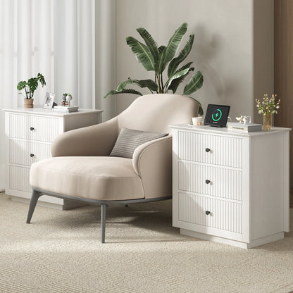 IDEALSOUL Nightstand Set of 2, 24" Wide End Table with Storage, Fluted Nightstand with USB Charging Station, Large 3 Drawers nightstand for Bedroom Living Room(2pc, White)
