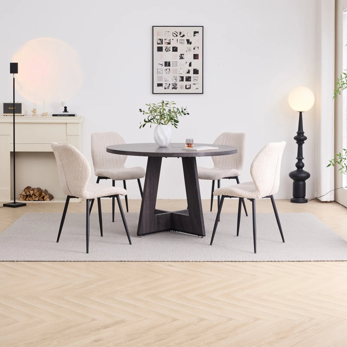 5 Piece 47'' Round Dining Table Chairs Set for 4, Farmhouse Gray Kitchen Table with 4 Boucle Mid Century Modern Dinning Room Chairs, Wood Dinner Table &Upholstered Chair Set of 4, Beige
