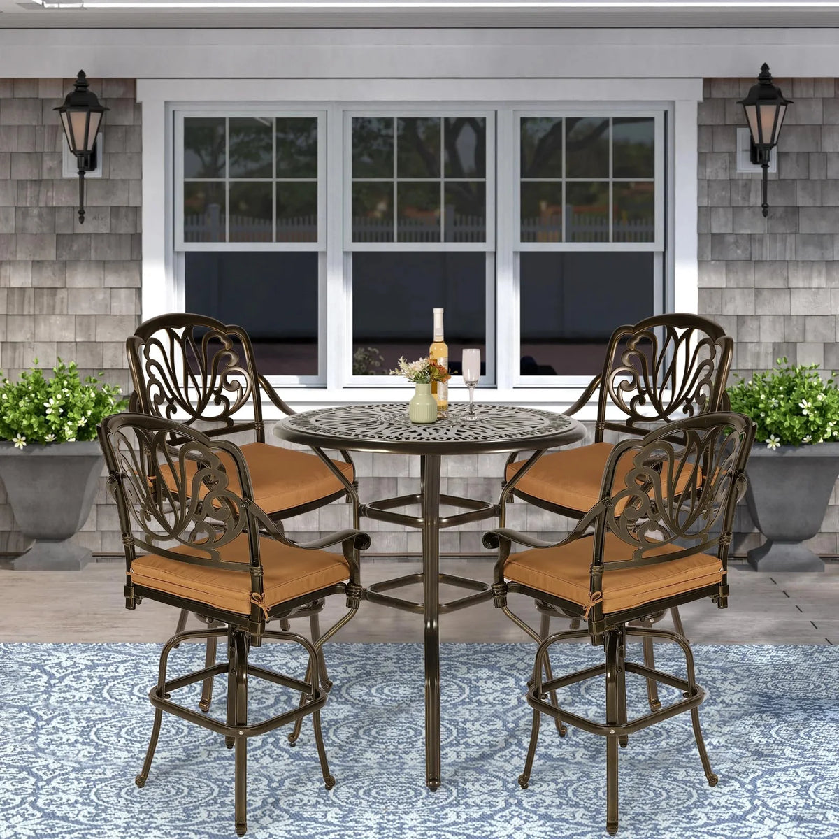 VIVIJASON 35.2" Patio Height Bar Table, All-Weather Cast Aluminum Bar Bistro Table Outdoor Patio Round Dining Table with Umbrella Hole for Balcony, Lawn, Garden, Backyard, Antique Bronze
