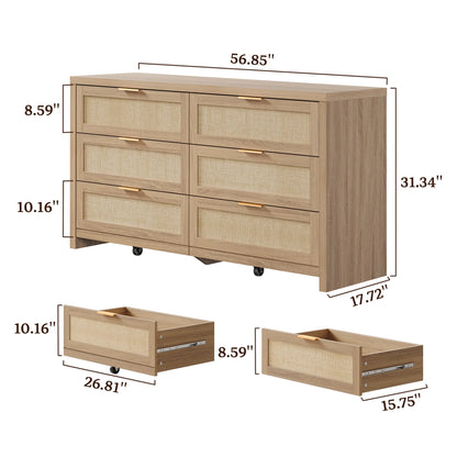 SICOTAS 56.85" 6 Drawer Dresser,Rattan Dresser with Storage,Boho Dressers & Chests of Drawers Wooden Tall  Dresser for Bedroom