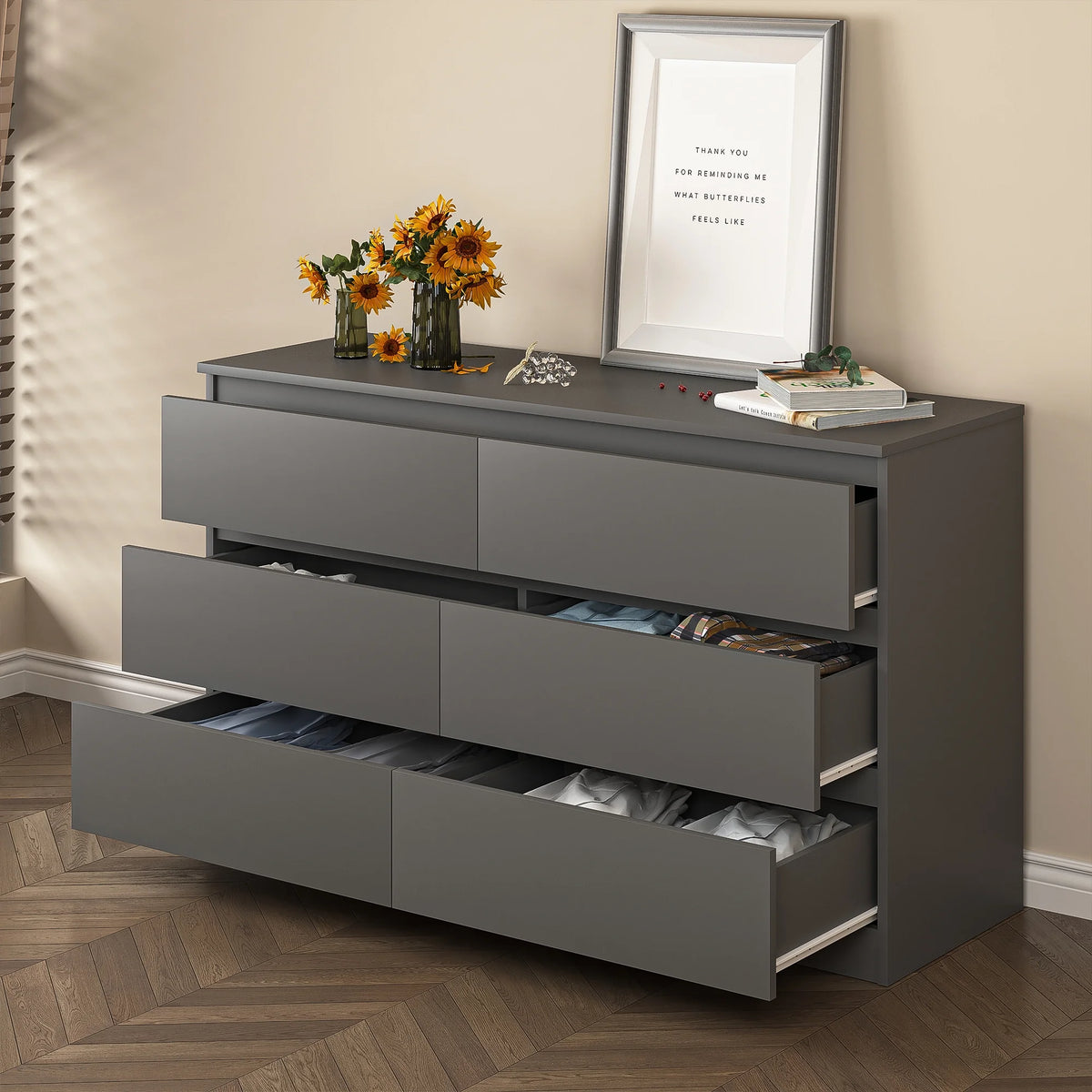 Resenkos Modern Mid Century 6 Drawer Wide Dressers Chests for Bedroom, Chest of Drawer Organizer Grey