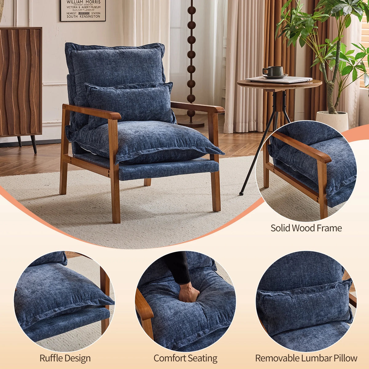 Ktaxon Chenille Accent Chair, Solid Wood Armrests Armchair, Metal Frame for Stability, Single Sofa with Comfortable Cushions and Lumbar Pillow Beige