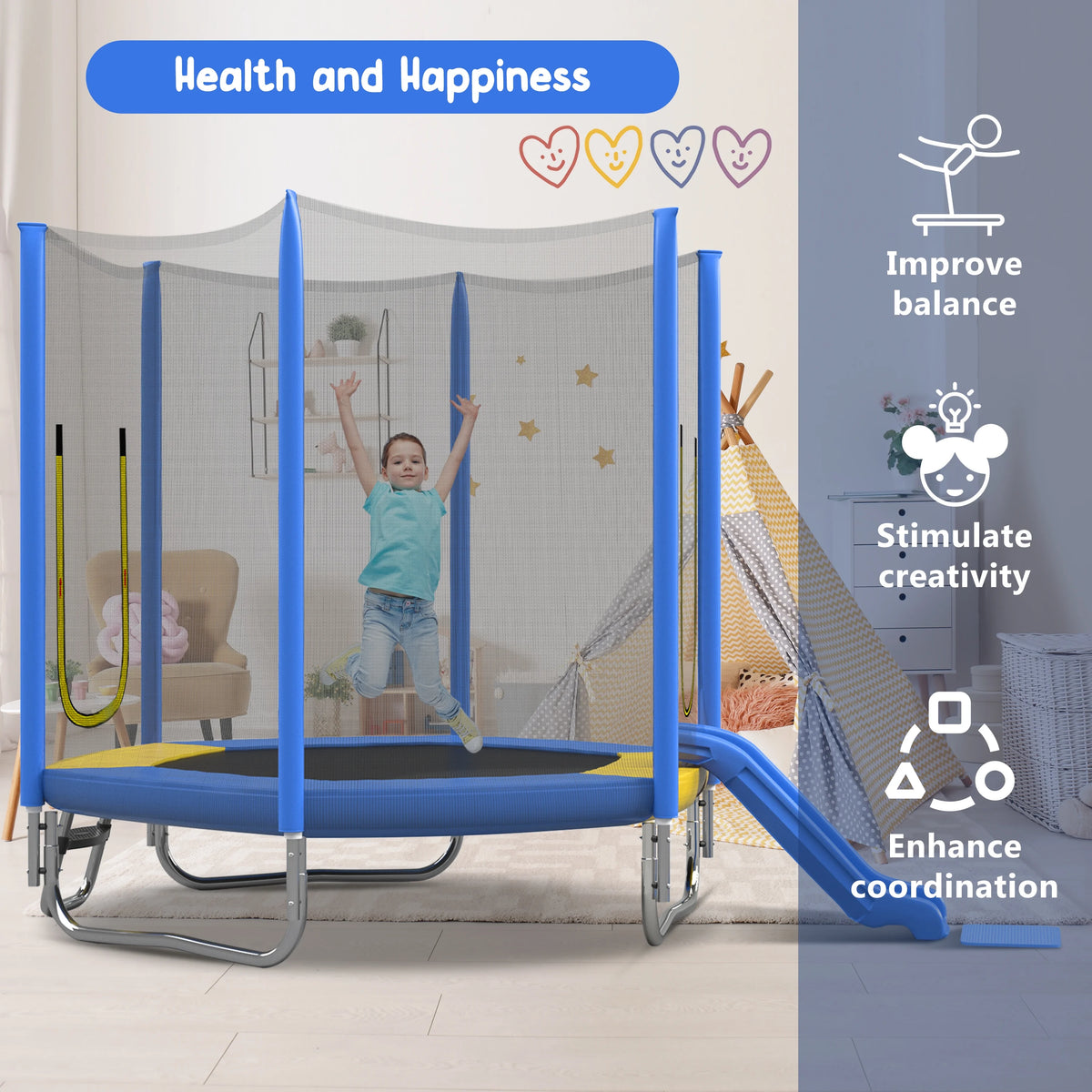 EUROCO  7FT Kids Trampoline with Safety Enclosure Net, Indoor Outdoor Trampoline with Slide,Ladder,Spring Pad,All-Weather Trampolines