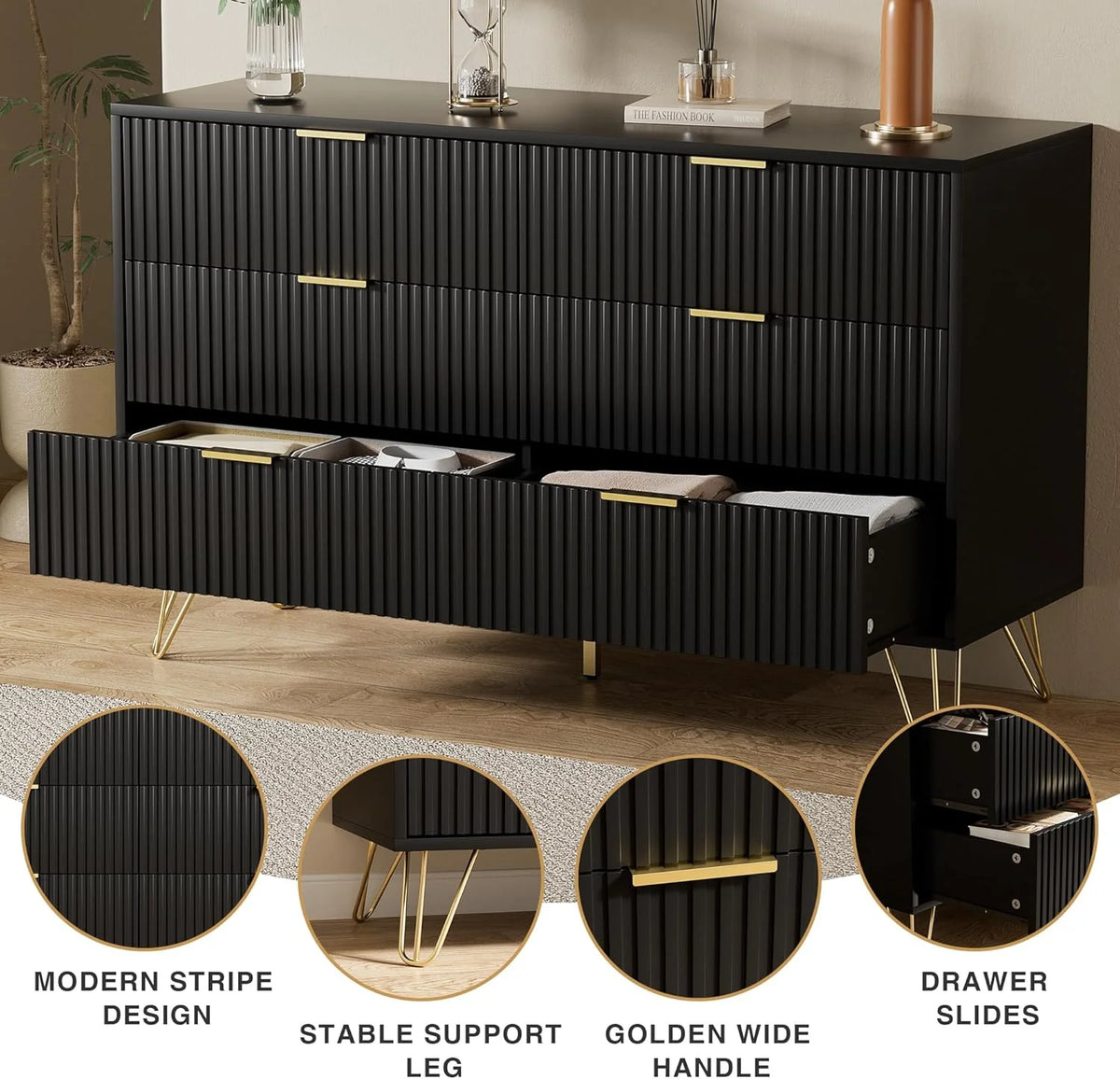 FURNIWAY White 6 Drawer Dresser for Bedroom, Modern Dresser with Gold Metal Handles,Fluted Wood TV Stand for Living Room, Hallway