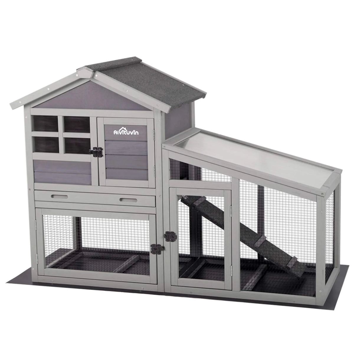Aivituvin Rabbit Hutch Outdoor Indoor Bunny Cage with Pull Out Tray, Upgraded Chicken Coop with Removable Wire Mesh Bottom, Gray