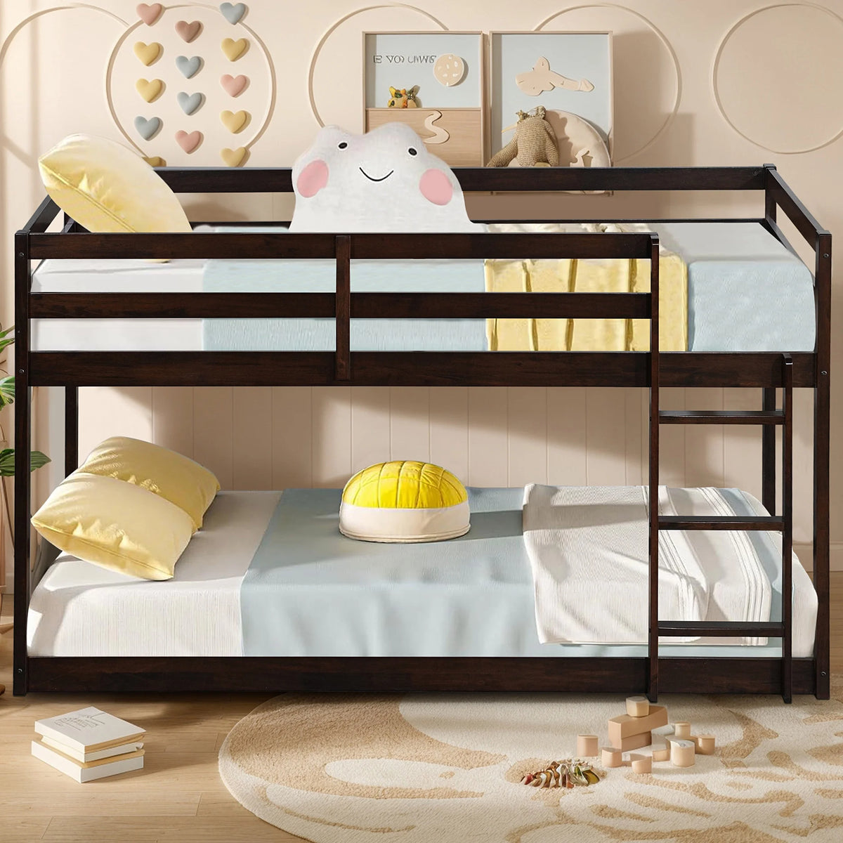 Twin Over Twin Floor Bunk Bed, UHOMEPRO Solid Wood Low Bunk Bed with Safety Rail, Ladder, Heavy Duty Bunk Beds, Space-Saving Bedroom Dorm Furniture, Gray