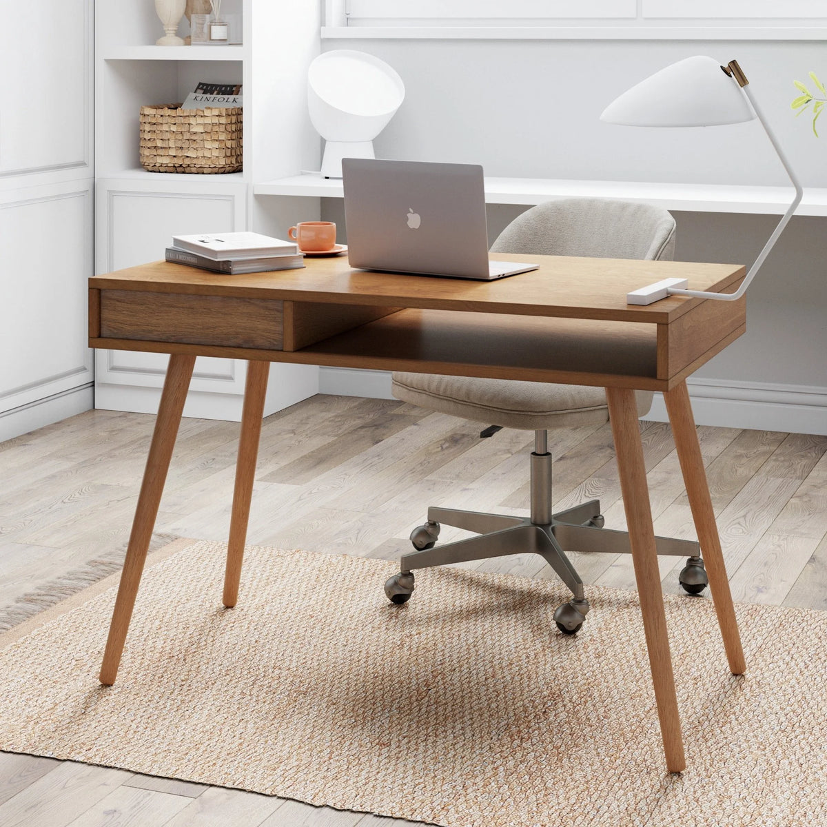 Nathan James Parker Modern Home Office Desk in Walnut Wood with Open Storage Cubby and Small Drawer, Walnut