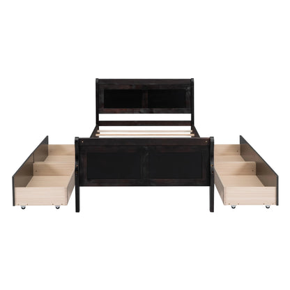Full Size Wood Platform Bed with 4 Drawers,Storage Bed Frame with Streamlined Headboard and Footboard for Kids, Teens, Boys, Girls,Wooden Slats Support, No Box Spring Needed,Oak