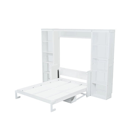 Queen Size Murphy Bed with Desk and Bookshelf(White)