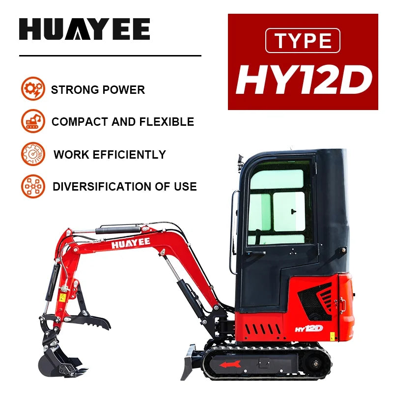 HUAYEE 1.4 Ton Cab Version Mini Excavator - HY12D, with 13.5 HP B&S Gasoline Engine, Swing Function, Mechanical Thumb Clamp, Mechanical Quick - Change, Hydraulic cooler, Electric Fan, In-stock in US