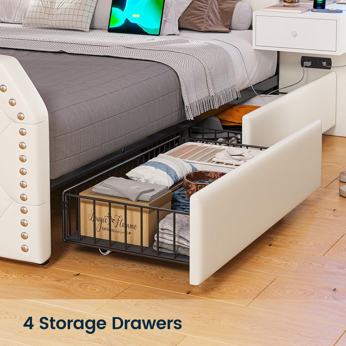 Queen Bed Frame with 2 Nighstands, Power Outlets and 4 Drawers, Upholstered Bed with Vanity Tables and Mirrors, Modern Velvet Tufted Platform Bed with Headboard & Footboard, Black