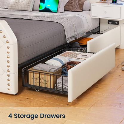 Queen Bed Frame with 2 Nighstands, Power Outlets and 4 Drawers, Upholstered Bed with Vanity Tables and Mirrors, Modern Velvet Tufted Platform Bed with Headboard & Footboard, Black