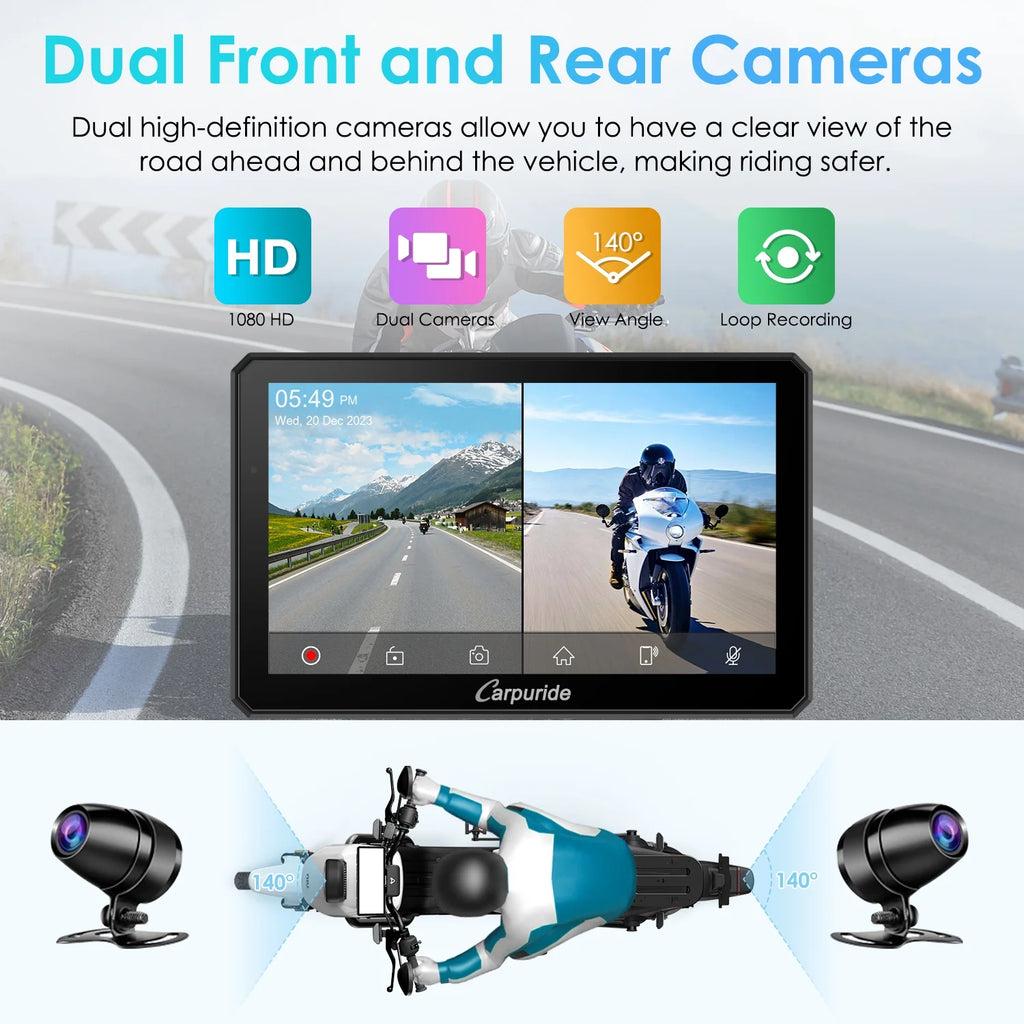 Carpuride Motorcycle HD Dual 1080P Dash Cam, Wireless Apple CarPlay & Android Auto Wire Control, Horizontal  Vertical Rotation 7" Touch Screen (712D)