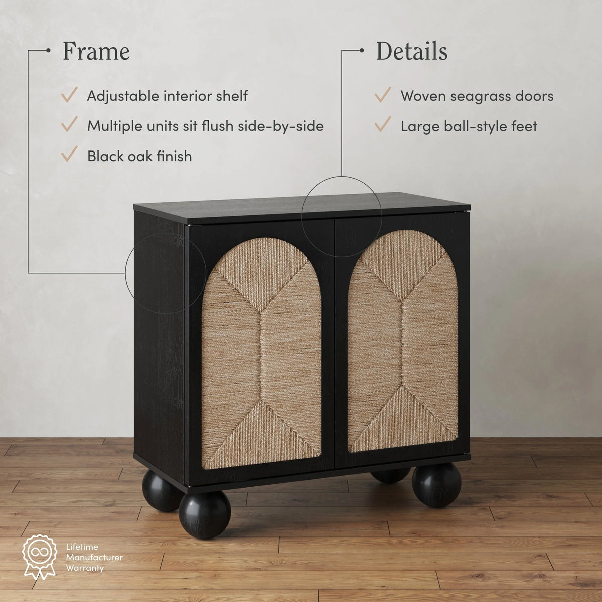 Nathan James Leah Boho Entryway Storage Cabinet or Sideboard Cabinet for Kitchen or Living Room with Ball-Style Feet, Natural Seagrass Door Fronts and Solid Wood Legs, Raw Oak