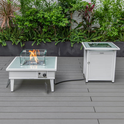 LeisureMod Walbrooke Modern Aluminum 5-Piece Patio Conversation Set with Outdoor Square Fire Pit Table with Slats Design & Side Table Tank Holder (Green)