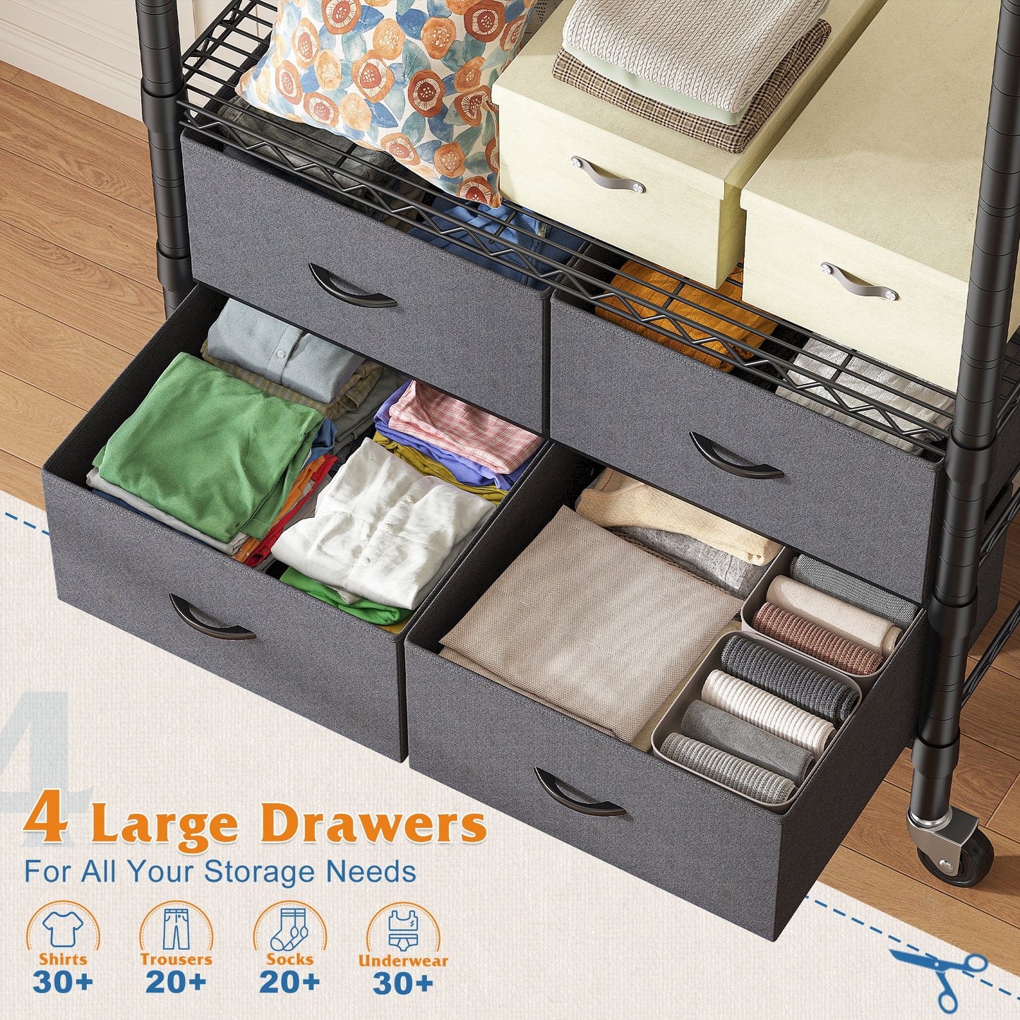 71" H Clothes Rack with Fabric Drawers, Freestanding Garment Rack with Metal Wire Shelf, Pink