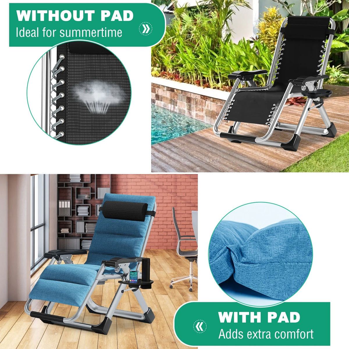 MOPHOTO Zero Gravity Chair Folding Outdoor Patio Recliner with Detachable Cushion,Cup Holder,Headrest,26"D x 20"W x 45"H
