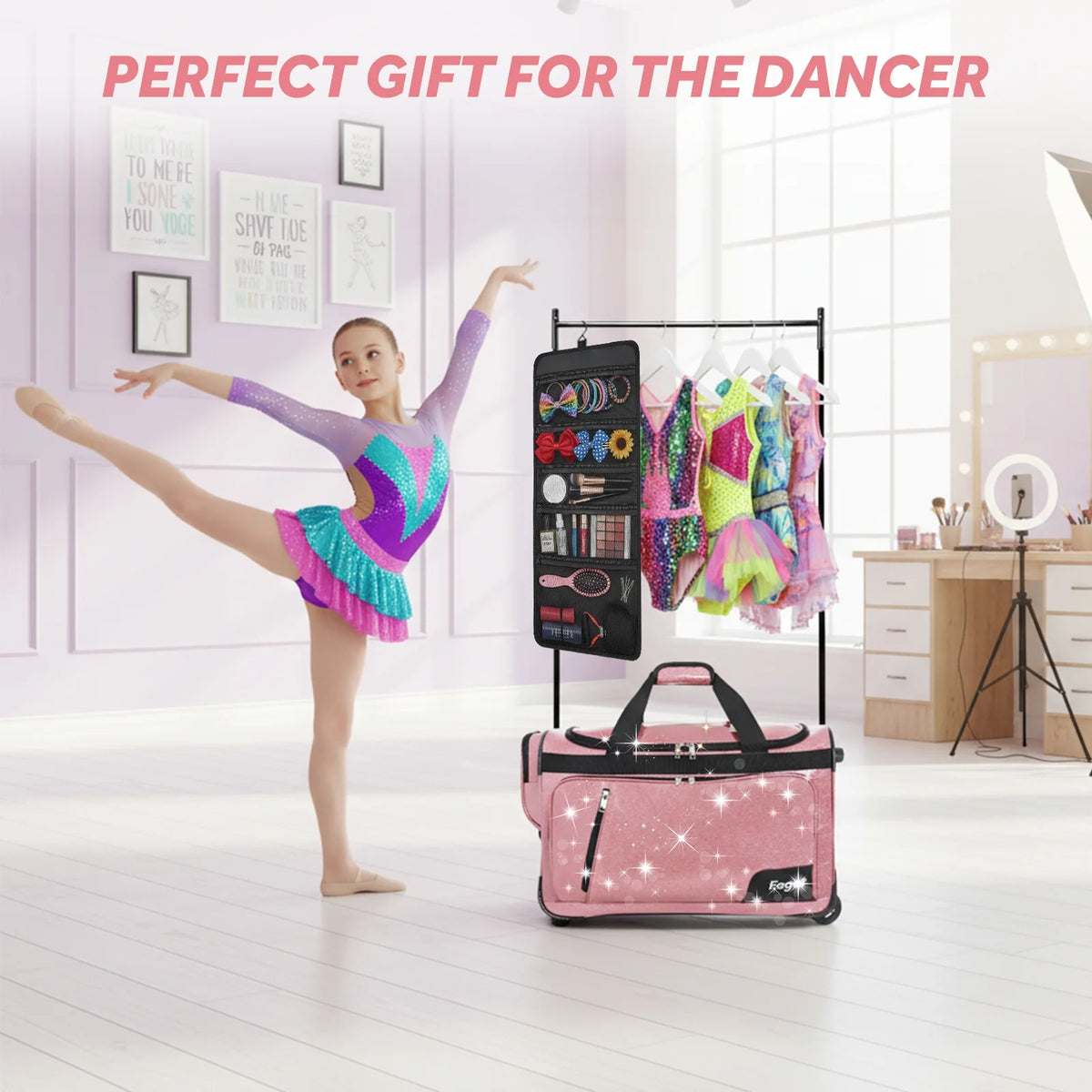 Fegat Dance Bag with Garment Rack,23"Glitter Bright Rolling Dance Duffel Bag Lightweight Competition Bag Costume Suitcase for Dancers Performer Artist, Shine Glitter Purple