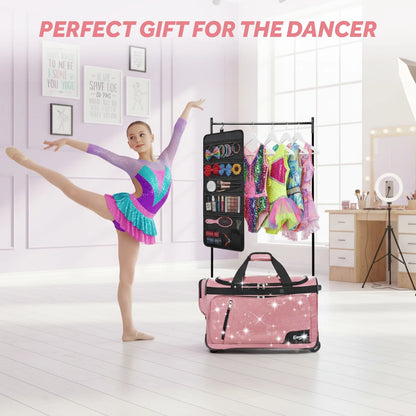 Fegat Dance Bag with Garment Rack,23"Glitter Bright Rolling Dance Duffel Bag Lightweight Competition Bag Costume Suitcase for Dancers Performer Artist, Shine Glitter Purple