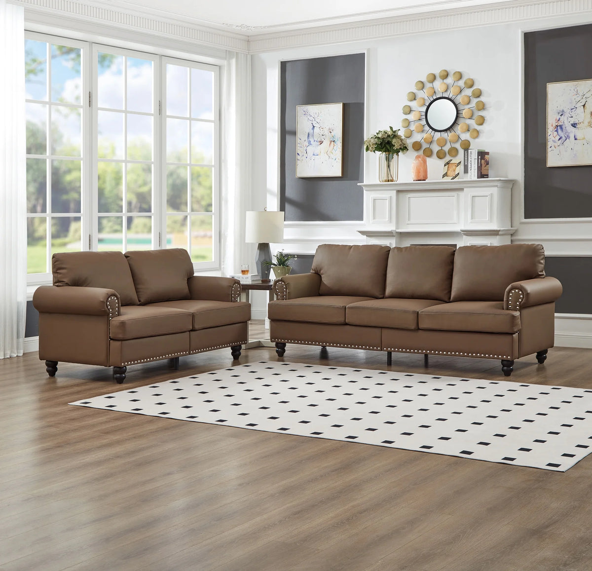 2 Piece Living Room Sofa Set, Modern Leather 3 Seater and Loveseat Sofa with Storage Seats and Rolled Nails Arms for Living Room, Brown