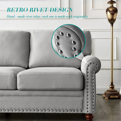 3 Seater Sofa, 82.6" Modern Linen Fabric Tufted Upholstered Accent Sofa with Storage Box and Silver Nails, Curved High Back and Solid Wood Leg for Living Room, 7 Inches Seat Cushion, Grey