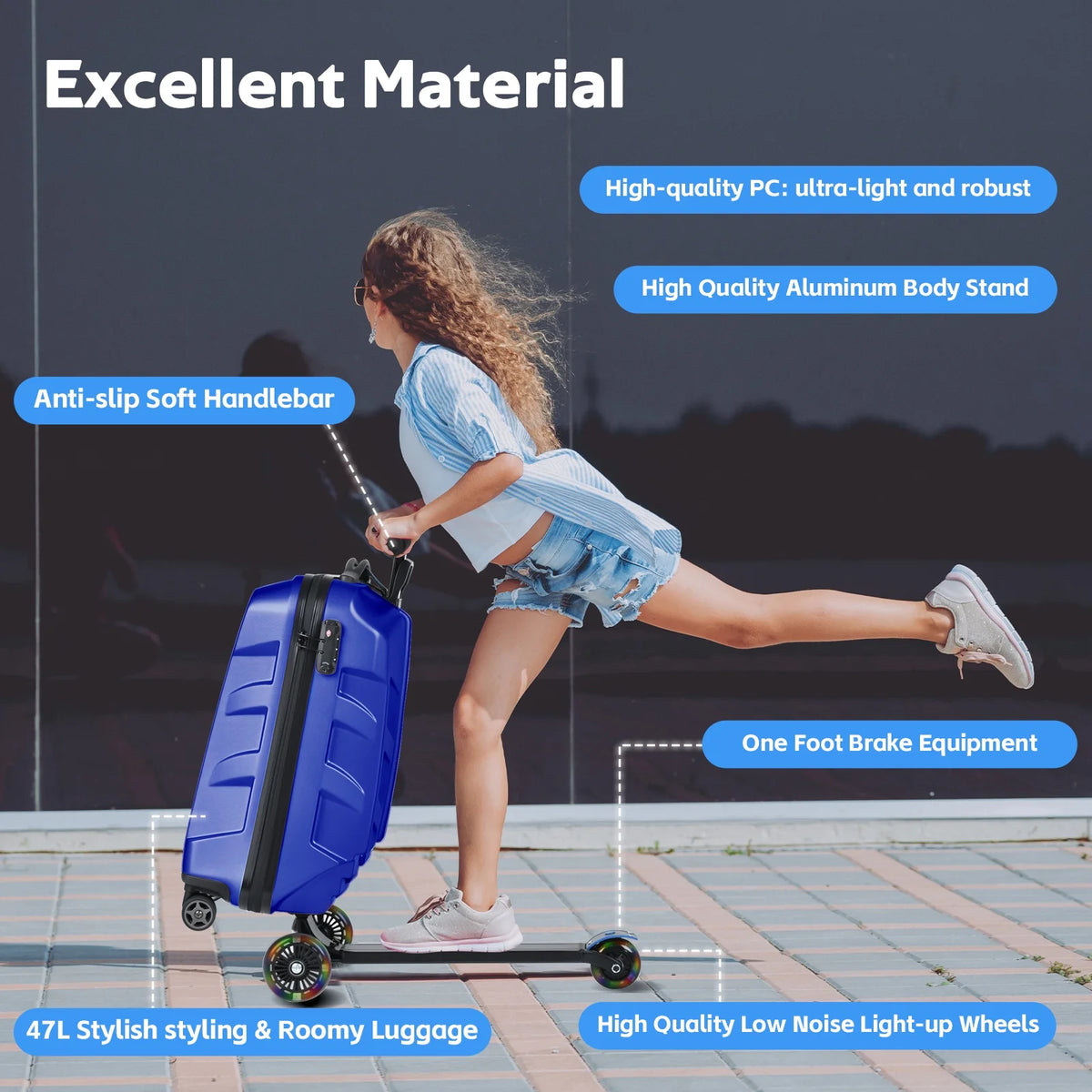 Advwin Scooter Suitcase for Kids & Adults, 3-D Hardshell Ride On Scooter Luggage with LED Light Up Wheels, TSA Lock, Lightweight Foldable Carry On Rideable Suitcase for Children Teenagers, Silver
