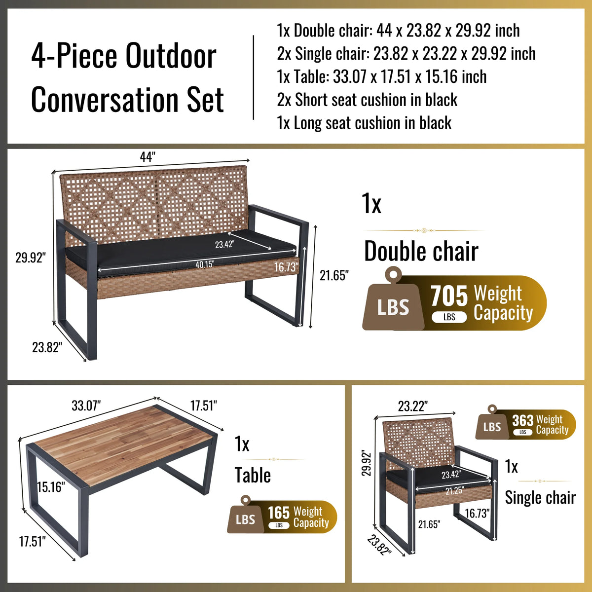 Heavy-duty Patio Furniture Set, 4 Piece Outdoor Sectional Conversation Sets, BrownPE Rattan Patio Sofa Set with Blue Cushions