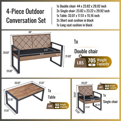 Heavy-duty Patio Furniture Set, 4 Piece Outdoor Sectional Conversation Sets, BrownPE Rattan Patio Sofa Set with Blue Cushions