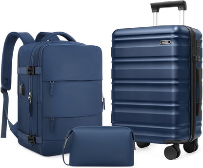 MIUSSE Luggage Sets 3 Piece, 20 Inch Carry On Luggage with Wheels, 100% PC Hardshell Suitcase with TSA Lock, Carry On Suitcases Airline Approved With Travel Backpack for Men Women