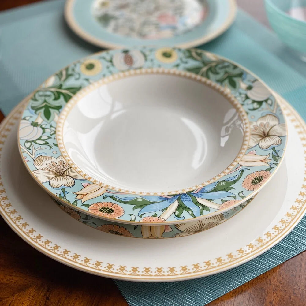 STP GOODS Melodie de Fleurs Bone China Dinnerware Set of 24 Service for 6 24-Piece Dish Set of Plates and Bowls, Blue Gold White