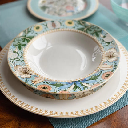STP GOODS Melodie de Fleurs Bone China Dinnerware Set of 24 Service for 6 24-Piece Dish Set of Plates and Bowls, Blue Gold White