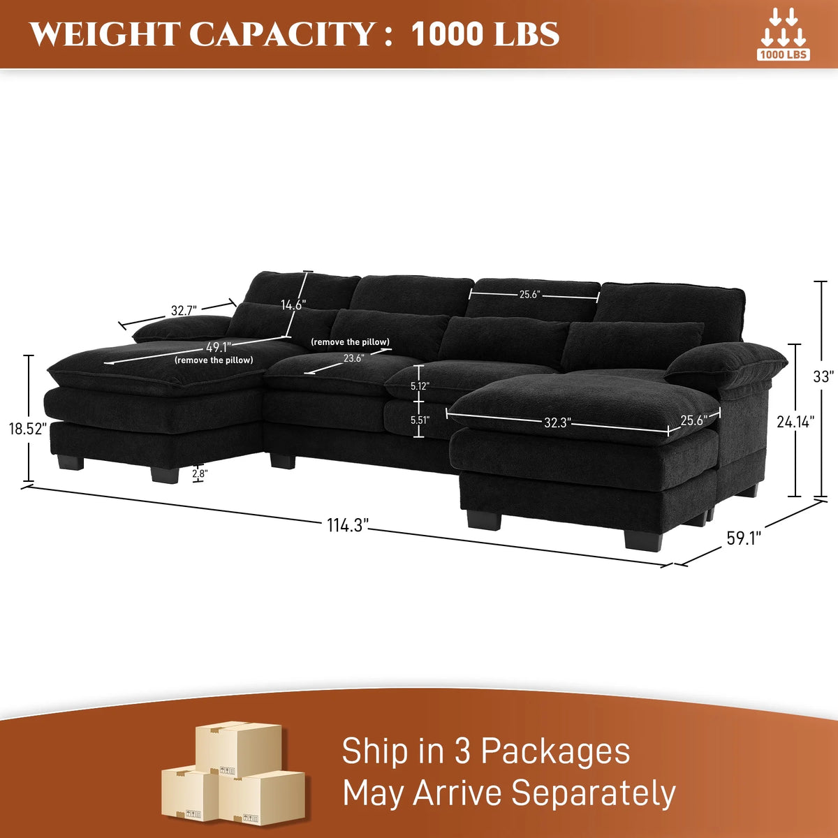 Rophefx 114.3" U Shaped Sectional Couches for Living Room,Cloud Couch,4 Seats Chenille Couch with Double Layer Cushion,Orange