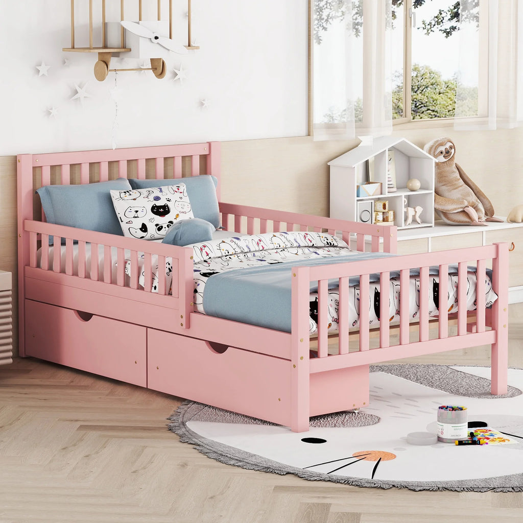 Bellemave Twin Bed with Storage Drawers and Fence Rails, Wood Platform Beds Frame with Headboard, Twin Size Storage Bed for Kids Boys Girls Teens��White)